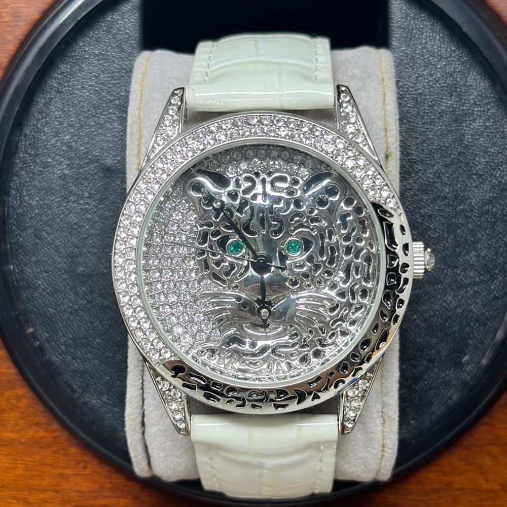 Adrienne Designer Collection Limited Edition Rhinestone Green Eyes Leopard Watch